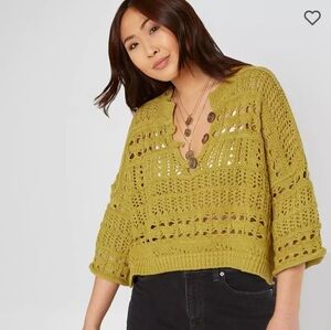 Free People Dreams Tonight Open Knit Henley‎ Sweater